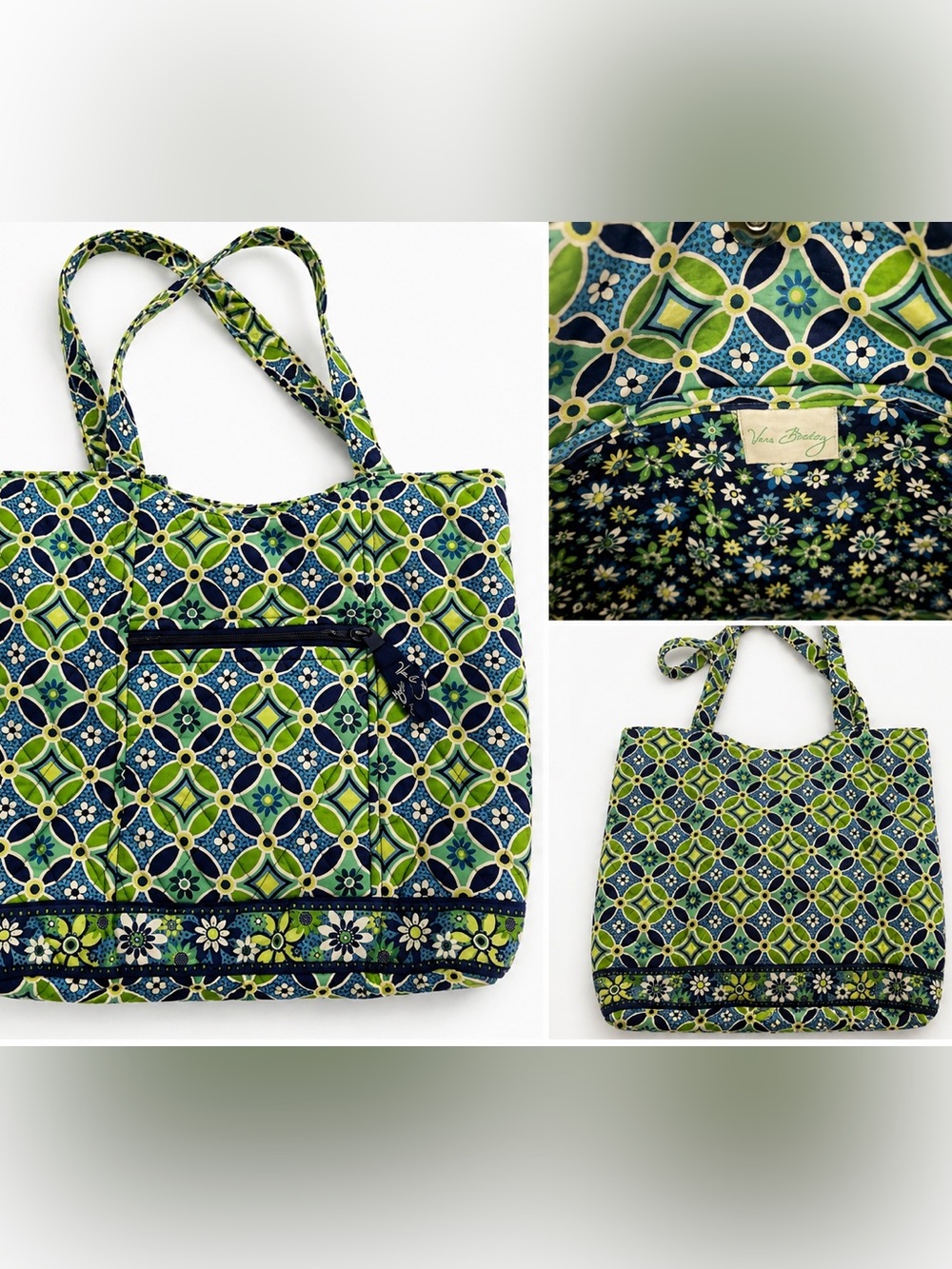 Authentic Vera Bradley Daisy Daisy Retired Quilted Tote Bag Blue Green Floral